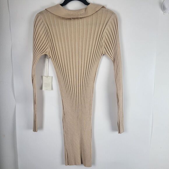 Tularosa Valen Mini Dress M Womens Beige Long Sleeve V Neck Ribbed Pull On NWT - Picture 12 of 16